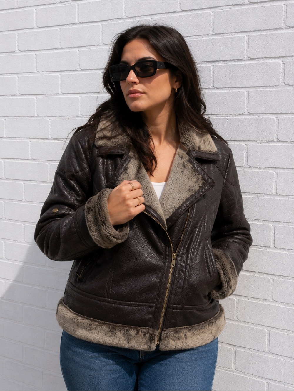 Vintage 90s Y2K Faux Leather Fur Lined Aviator Jacket Coat Brown size medium